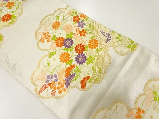 JAPANESE KIMONO / ANTIQUE FUKURO OBI / SILK / WOVEN CLOUDS & FLORAL PLANTS